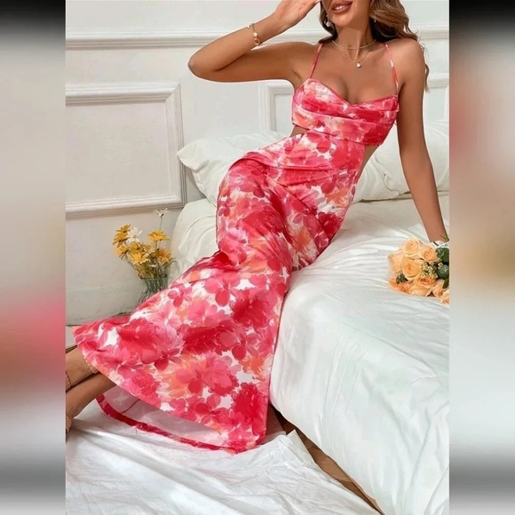 Floral Print Ruched Cutout Waist Crisscross Backless Cami Dress - Picture 1 of 4